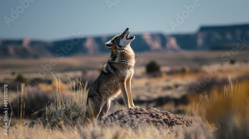 A lone wolf howls atop a small hill, framed by the vast, rugged landscape of a desert, evoking a sense of wild solitude and the call of the wilderness. photo