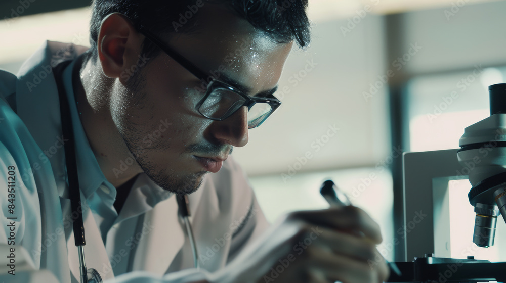 A focused scientist performs research, illuminated by soft light, with a microscope and notes, reflecting dedication, intellect, and attention to detail. A focused scientist performs research, illuminated by soft light, with a microscope and notes, reflecting dedication, intellect, and attention to detail.