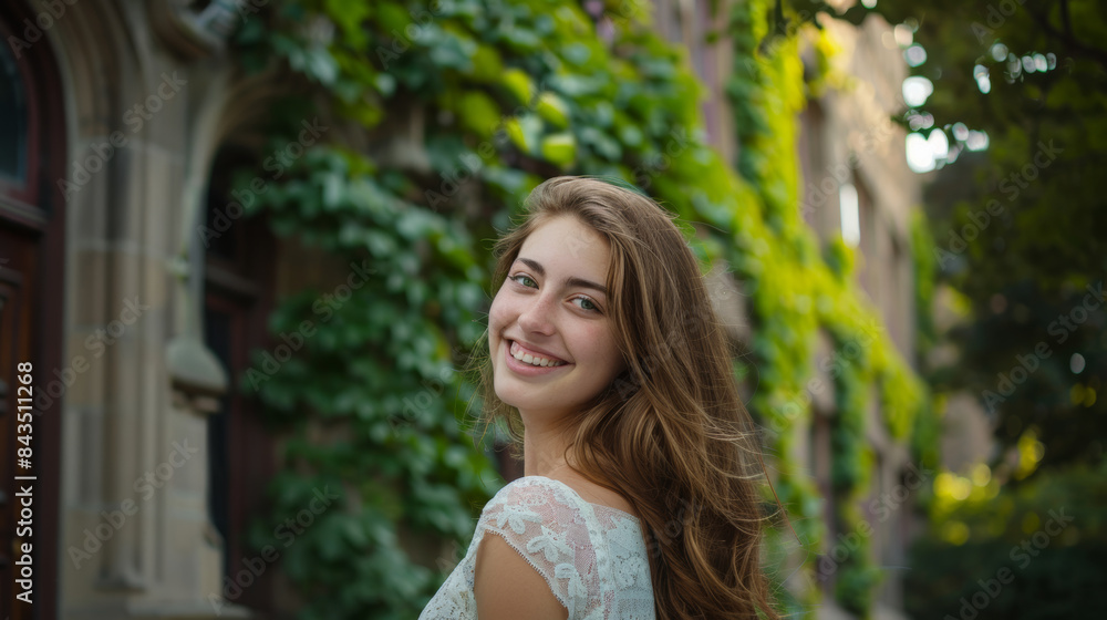 Smiling woman in white lace top stands outdoors with lush green ivy-clad building in the background.