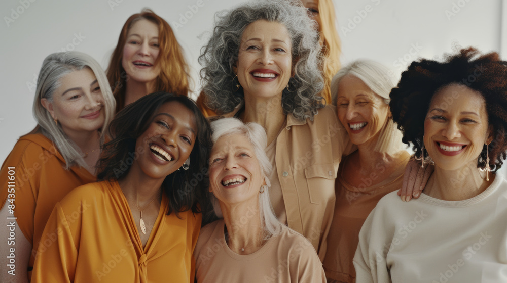 A diverse group of women, each radiating genuine joy and connection, pose together against a white background. A diverse group of women, each radiating genuine joy and connection, pose together against a white background.