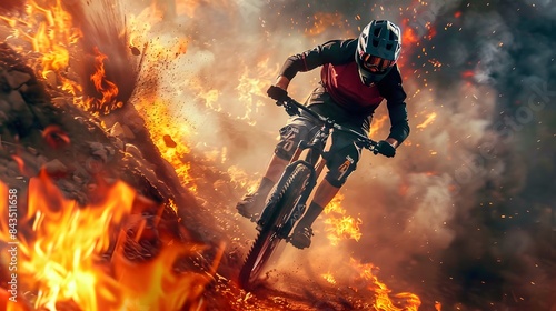 An image of a mountain biker navigating a challenging trail, portraying the adrenaline-fueled excitement of downhill mountain biking, With Flames. Generative Ai © Gendar SINURO
