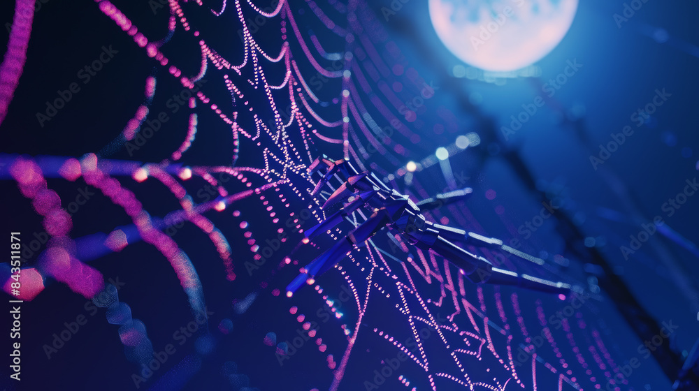 Obraz premium A neon-lit robotic spider clings to an intricately designed web, exuding a blend of futuristic and eerie ambiance against a moonlit background.