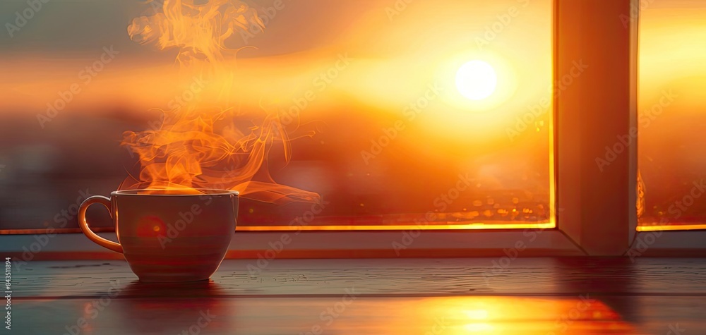 Steaming hot coffee cup on a windowsill with a beautiful sunrise in the background, creating a warm and serene morning atmosphere. Steaming hot coffee cup on a windowsill with a beautiful sunrise in the background, creating a warm and serene morning atmosphere.