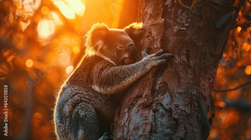 Koala holding onto a tree during sunset  with warm light creating a beautiful and serene natural setting in the forest.