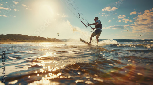 A kitesurfer skillfully rides the waves as the sun sets, casting a golden glow over the expansive, sparkling ocean waters.