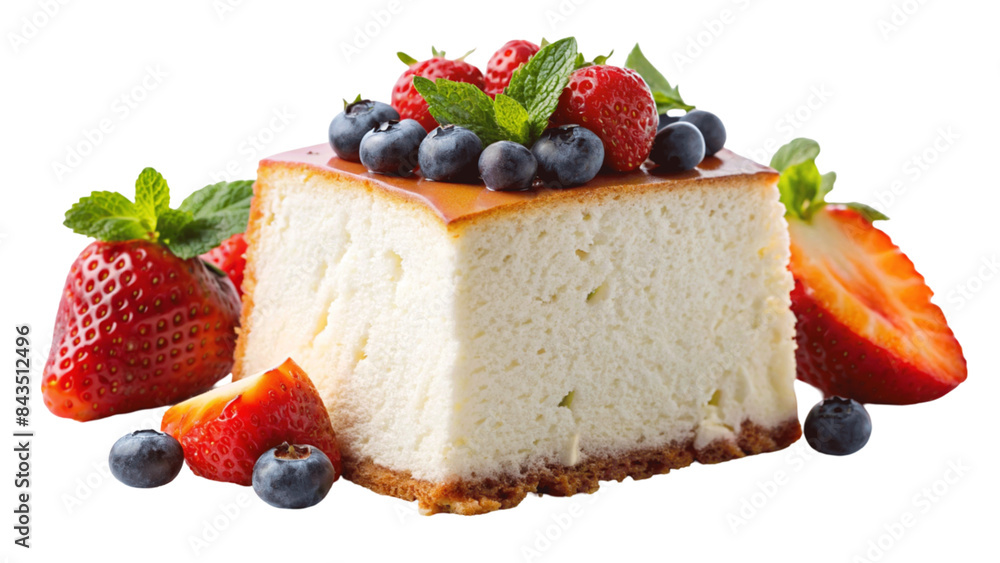A slice of fluffy angel food cake with fresh berries. isolated on Transparent background. A slice of fluffy angel food cake with fresh berries. isolated on Transparent background.