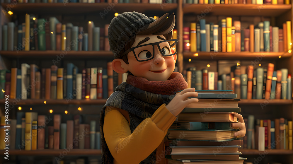 3D character librarian with a stack of books on a cozy library background 3D character librarian with a stack of books on a cozy library background