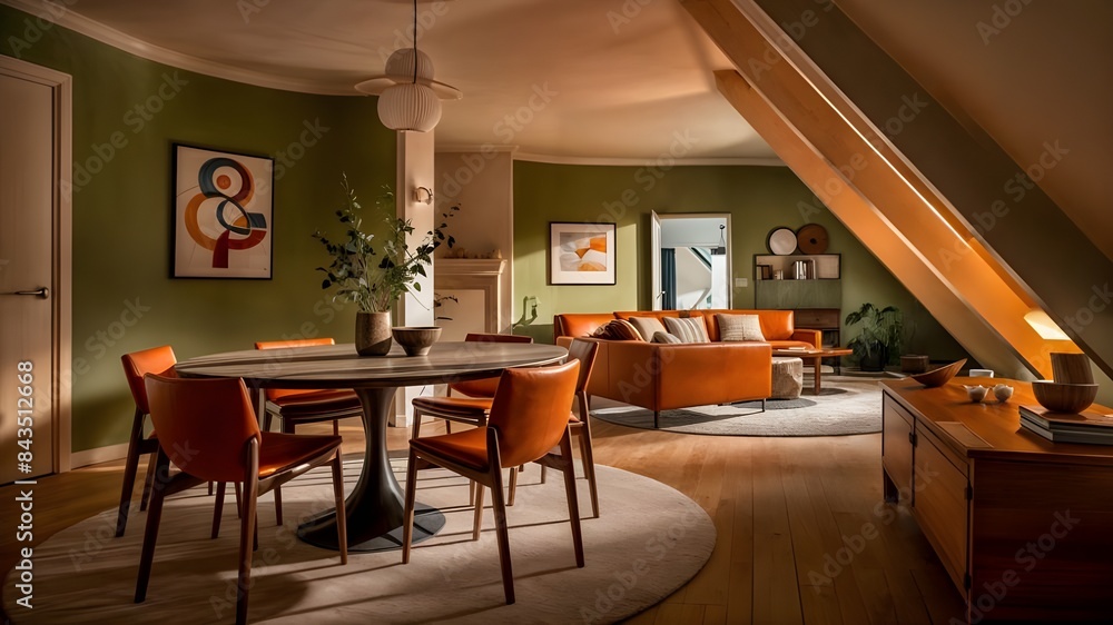 Fototapeta premium A room with a couch, chairs, and a table with a vase of flowers on it.