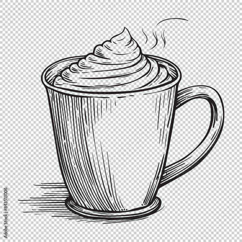 Drawing of hot cocoa mug design, black vector illustration on transparent background