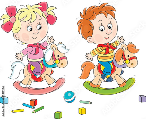 Funny little girl and boy merrily playing on rocking-horses among scattered toys on a playground in a kindergarten, vector cartoon illustration on a white background