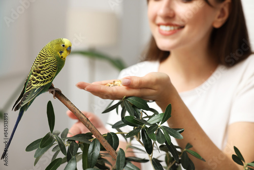 Woman feeding bright parrot indoors, closeup. Exotic pet photo