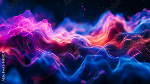 Colorful Wave Holographic 3D Background. Abstract Texture, Trendy Line Pattern, Surface Map, Liquid Shapes, Fluid Motion. Neon Color, Laser, Light Matte. Music, Mind, Joy, Harmony. Banner, Header, Art © Mariko