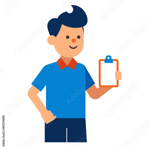 a dynamic flat-style vector illustration of a salesperson holding a clipboard and showcasing a product. Ideal for sales presentations, marketing materials, and business websites, this illustration add