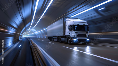 A streamlined white truck speeds through a futuristic tunnel, illuminated by cool blue lights, creating a dynamic sense of motion and modernity.