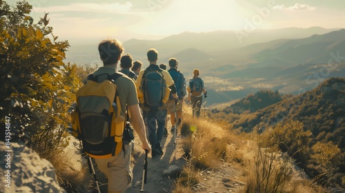 A group of friends hiking on a trail with a stunning valley view in the background.