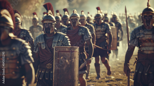 Wallpaper Mural A determined group of Roman soldiers march forward through a hazy field, their focused expressions and ancient armor evoking a sense of historical determination and unity. Torontodigital.ca