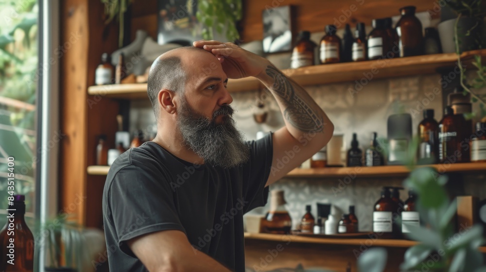 A man applies a remedy for hair loss. A man applies a remedy for hair loss.