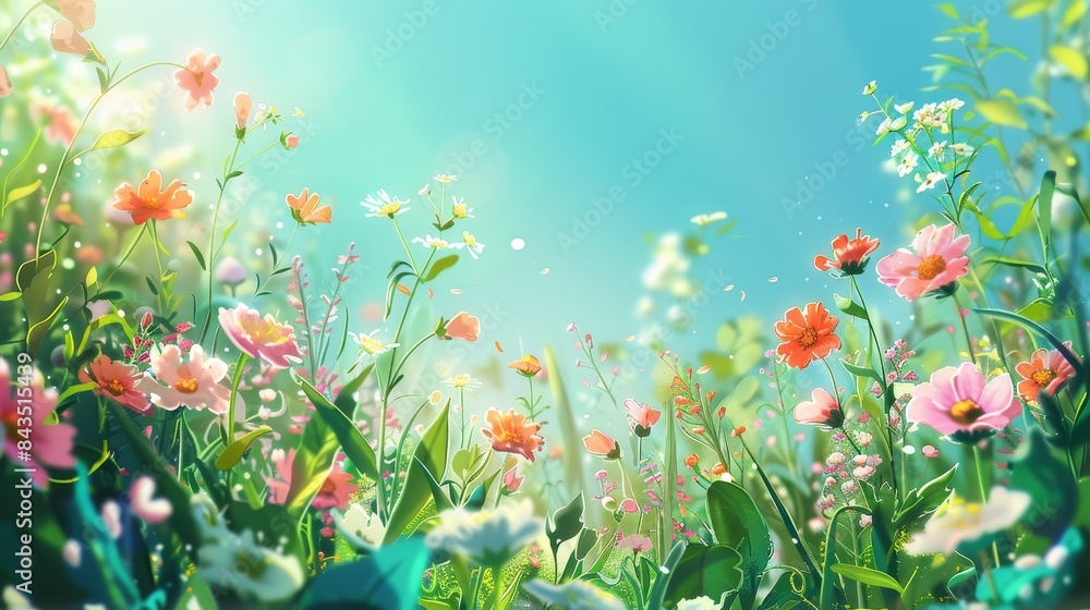 Vibrant Spring Meadow with Blooming Wildflowers Under a Clear Blue Sky, Capturing the Beauty of Nature in Full Bloom, Perfect for Backgrounds, Nature Themes, and Seasonal Projects Vibrant Spring Meadow with Blooming Wildflowers Under a Clear Blue Sky, Capturing the Beauty of Nature in Full Bloom, Perfect for Backgrounds, Nature Themes, and Seasonal Projects