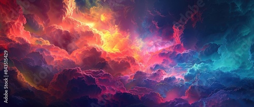 A surreal landscape of vibrant colors and swirling clouds.