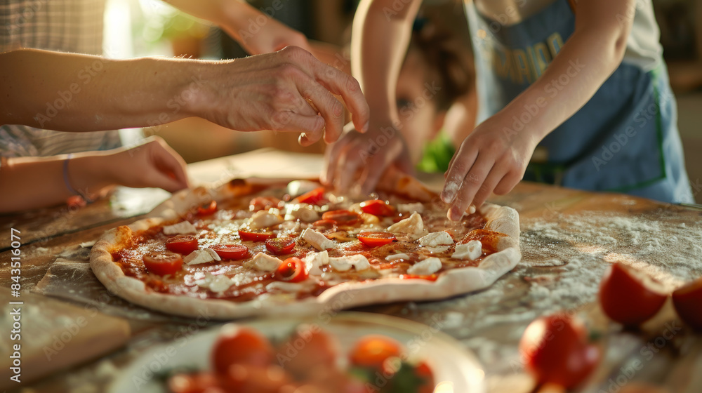 A fun family moment as hands of both adults and kids sprinkle toppings on a homemade pizza, shared joy and creativity filling the air. A fun family moment as hands of both adults and kids sprinkle toppings on a homemade pizza, shared joy and creativity filling the air.