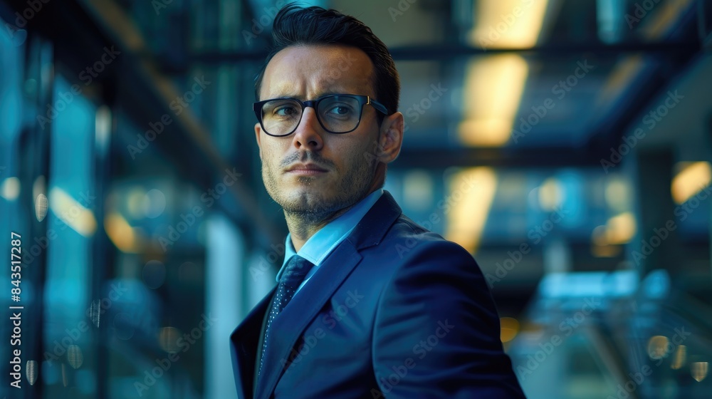Fototapeta premium Stylish male executive in contemporary corporate setting and networking idea Multi media