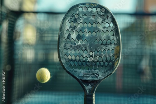 A padel racket in the midst of a powerful shot, with a sense of energy and movement.