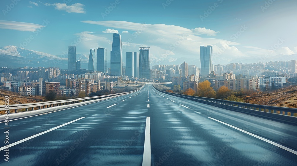 Highway, city, blue sky. Generative AI. Highway, city, blue sky. Generative AI.