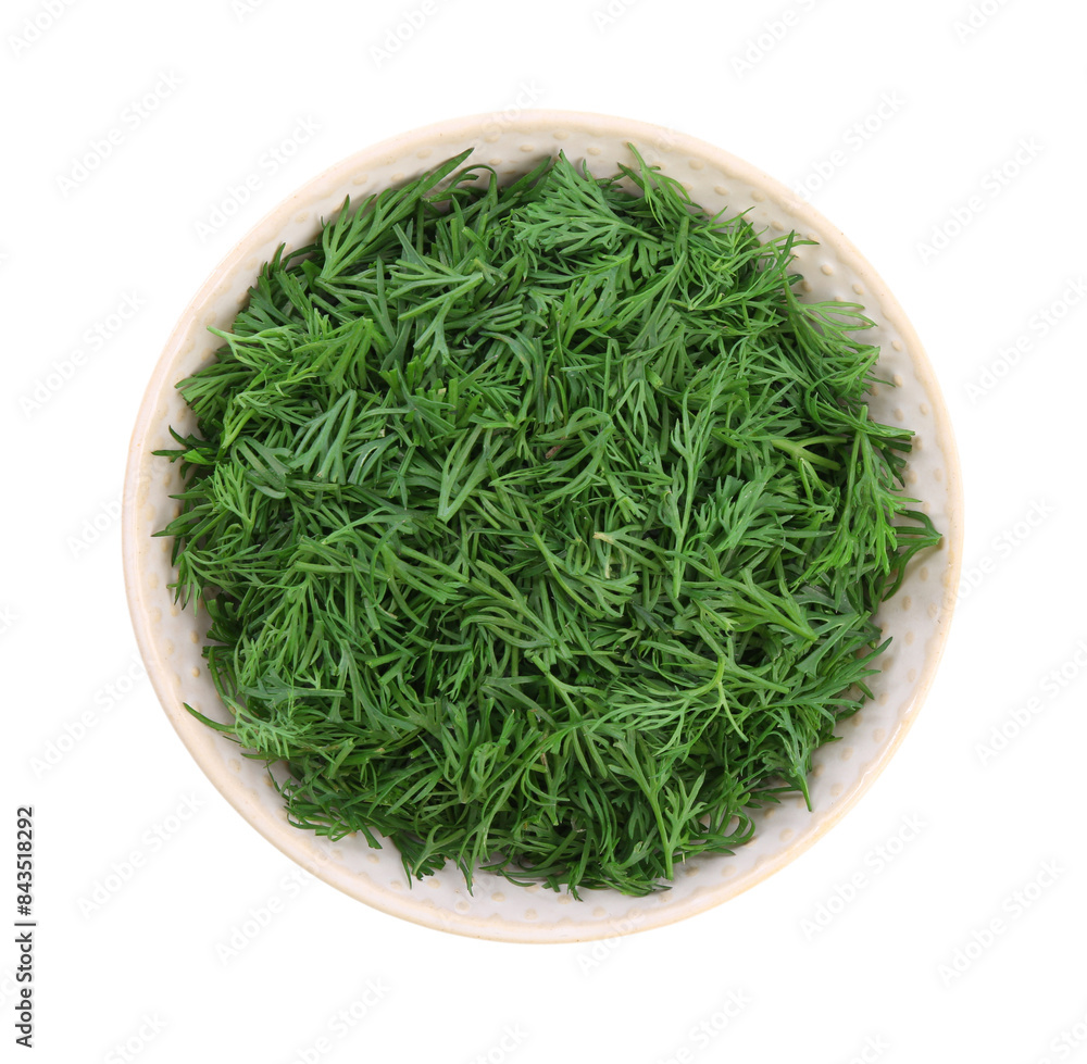 Fresh dill in bowl isolated on white, top view Fresh dill in bowl isolated on white, top view