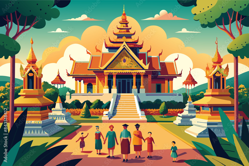 Naklejka premium Laotian Buddhist temple with monks walking around