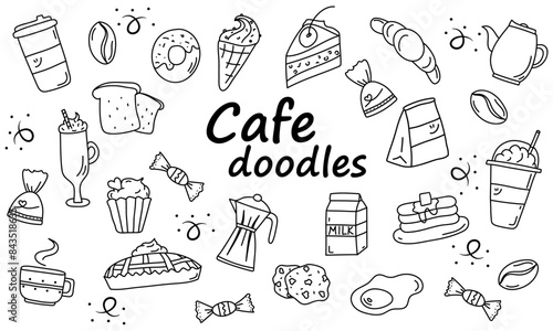 Cafe Doodles Set, Doodle Icons Cafe, Concept, Hand Drawn Icons, Outline, Sketch, Breakfast, Coffee, Sweet, Pie, Cake, Pancakes, Ice Cream, Donut, Vector Illustration