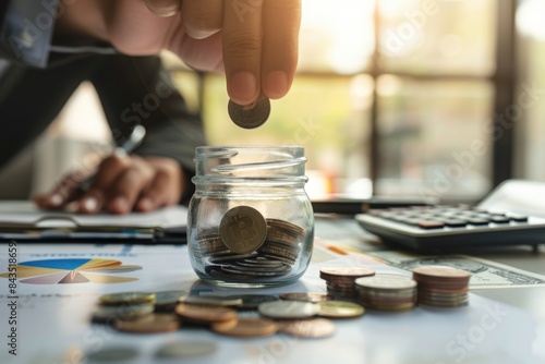 A man putting coins in a glass jar. © Grigor