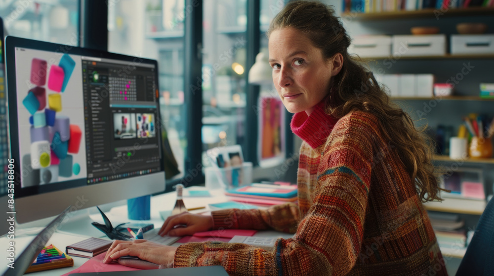 A woman is working at a computer in a home office with a bookshelf behind her. She appears to be using a design software A woman is working at a computer in a home office with a bookshelf behind her. She appears to be using a design software