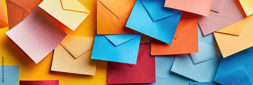 A close-up image of a variety of colorful envelopes arranged on a yellow surface. The envelopes are in various shades of blue, red, orange, and pink A close-up image of a variety of colorful envelopes arranged on a yellow surface. The envelopes are in various shades of blue, red, orange, and pink