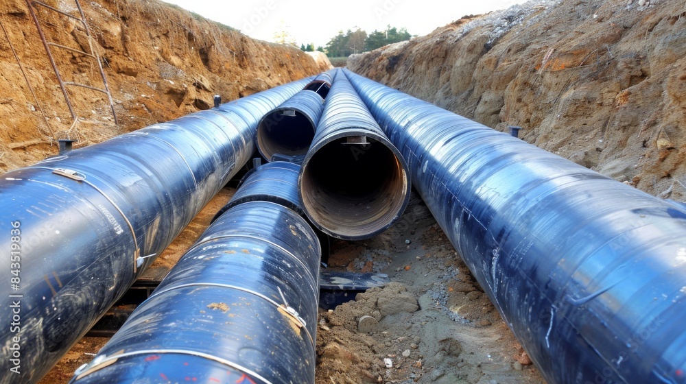 Water drainage blue pipe in wet area. Land reclamation systems and the environment. Perforated large diameter plastic tube Water drainage blue pipe in wet area. Land reclamation systems and the environment. Perforated large diameter plastic tube