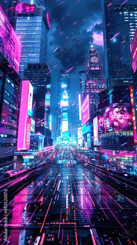 Vibrant neon glow in a futuristic urban setting, cyber nightlife, electric digital background, sleek city design, modern innovation