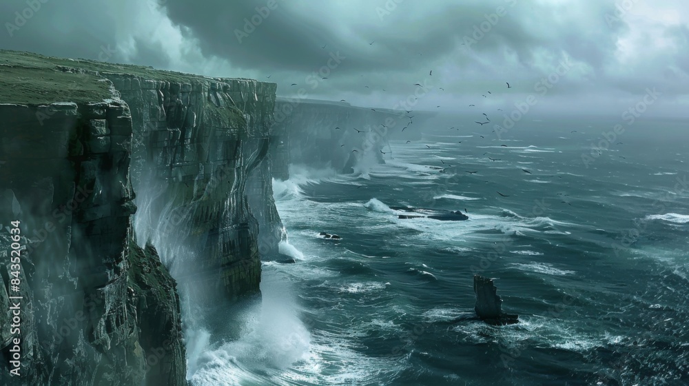 Stormy Sea Cliffs with Birds and Waves Stormy Sea Cliffs with Birds and Waves