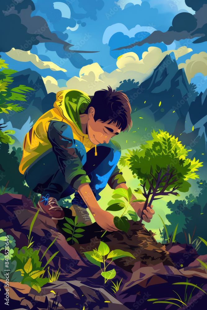 A young man in a yellow jacket plants a small tree on a mountainside, surrounded by lush greenery under a blue sky A young man in a yellow jacket plants a small tree on a mountainside, surrounded by lush greenery under a blue sky