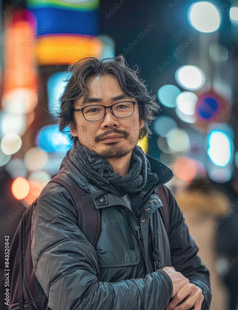 Fototapeta premium A man with dark hair and a beard stands on a street at night. He is wearing a dark jacket, glasses, and a scarf