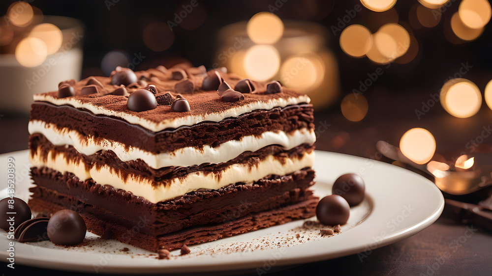 Sweet dessert different layers of chocolate tiramisu cream cookie sponge placed on a plate with shavings and bonbons Sweet dessert different layers of chocolate tiramisu cream cookie sponge placed on a plate with shavings and bonbons