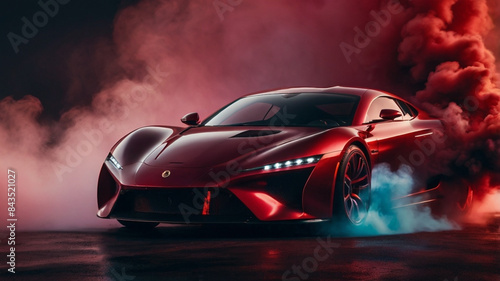 a furious luxury Sports Speeding generic supercar for advertising, breaking through the smoke
