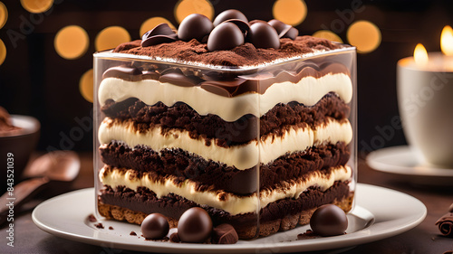 Sweet dessert different layers of chocolate tiramisu cream cookie sponge placed on a plate with shavings and bonbons