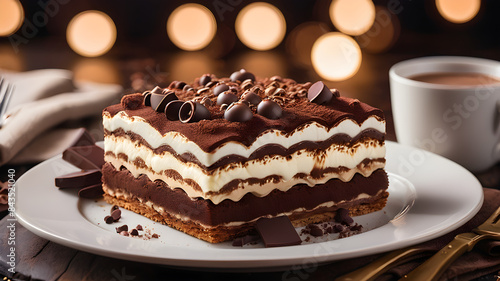 Sweet dessert different layers of chocolate tiramisu cream cookie sponge placed on a plate with shavings and bonbons