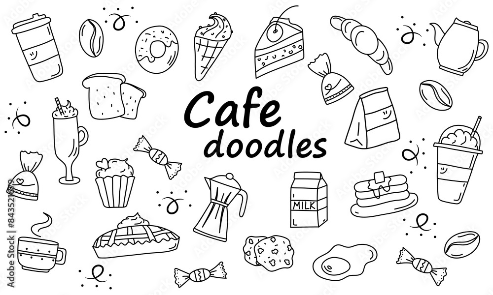 Cafe Doodles Set, Icons Cafe, Hand Drawn, Concept, Outline, Sketch, Breakfast, Coffee, Sweet, Pie, Cake, Pancakes, Ice Cream, Donut Cafe Doodles Set, Icons Cafe, Hand Drawn, Concept, Outline, Sketch, Breakfast, Coffee, Sweet, Pie, Cake, Pancakes, Ice Cream, Donut