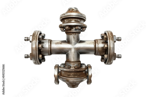 Industrial metal pipe joint, cross-shaped, steel construction with bolts and rust, isolated on transparent background. Perfect for engineering designs.