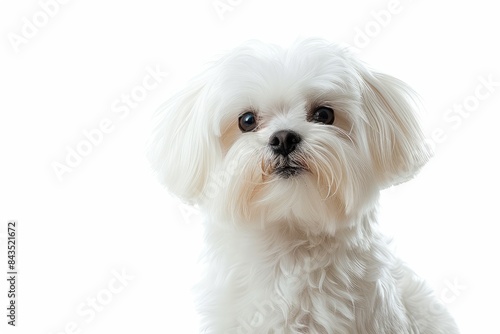 Maltese with Fluffy White Fur and a Sweet Expression: A Maltese with fluffy white fur and a sweet expression, evoking feelings of tenderness and affection. photo on white isolated background