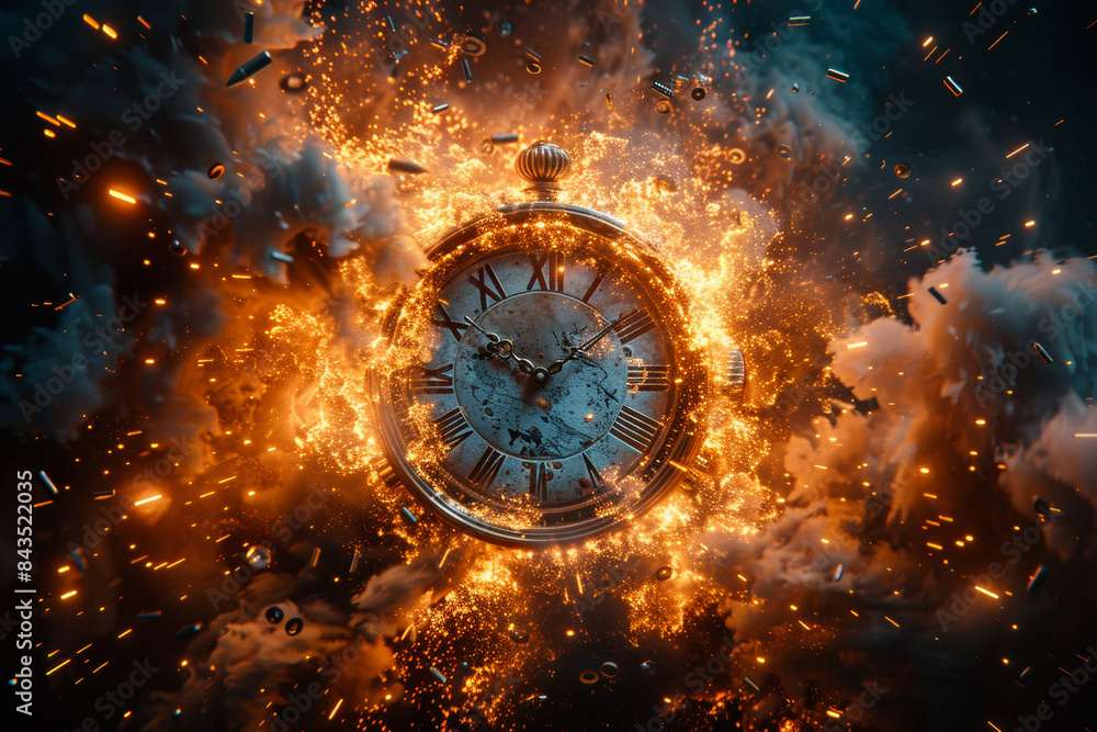 Fototapeta premium An illustration of an old alarm clock that is burned by an amount of blazing fire with hugely strong heat and is causing some fumes in the air.