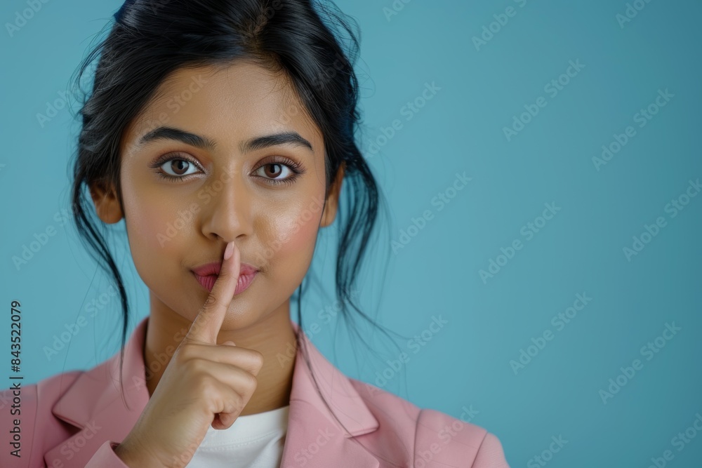 Secret, studio portrait, woman with finger on lips, blue background, privacy sign. Young woman model, whispers, emojis, and personal secrets. Secret, studio portrait, woman with finger on lips, blue background, privacy sign. Young woman model, whispers, emojis, and personal secrets.