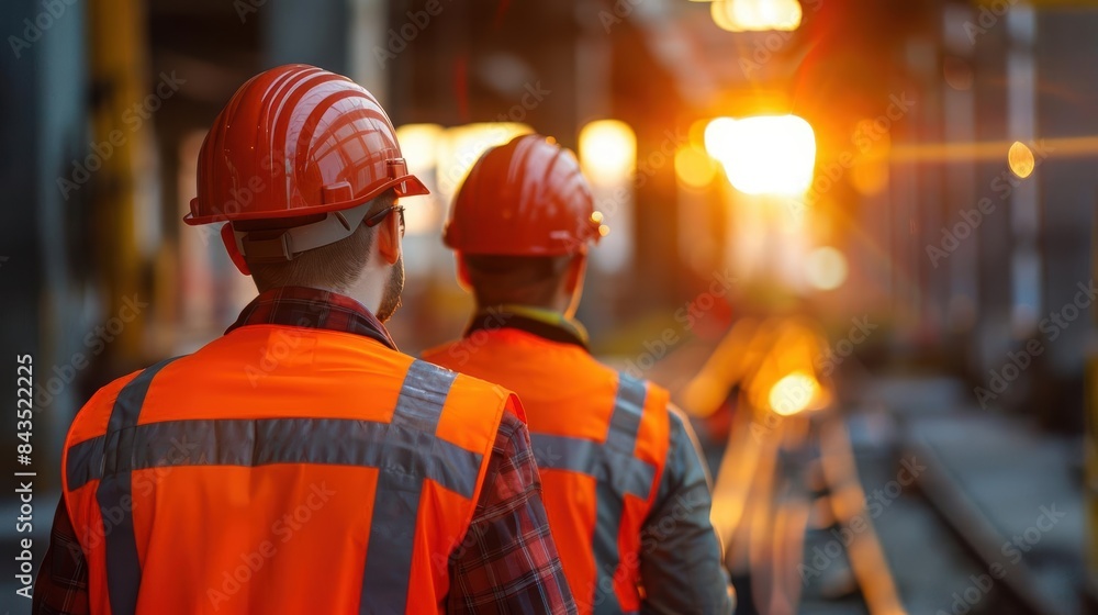 Construction workers wearing safety gear, including hard hats and high-visibility vests, walk through a construction site at sunrise. Construction workers wearing safety gear, including hard hats and high-visibility vests, walk through a construction site at sunrise.