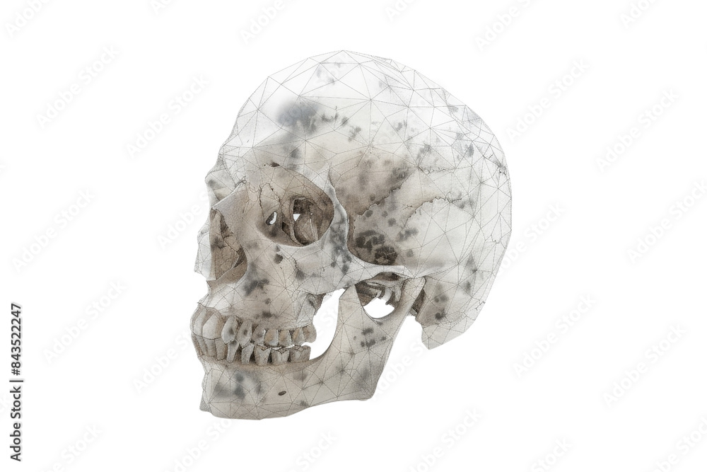 Obraz premium Intricate, detailed human skull model showcasing anatomical structure and geometric network for scientific or educational use on transparent background.