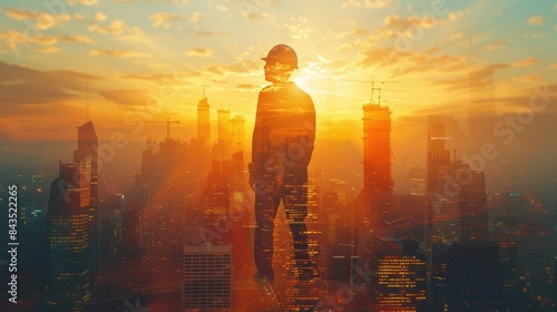Silhouette of a person wearing a hard hat with an urban cityscape and glowing sunset in the background, symbolizing construction and development.